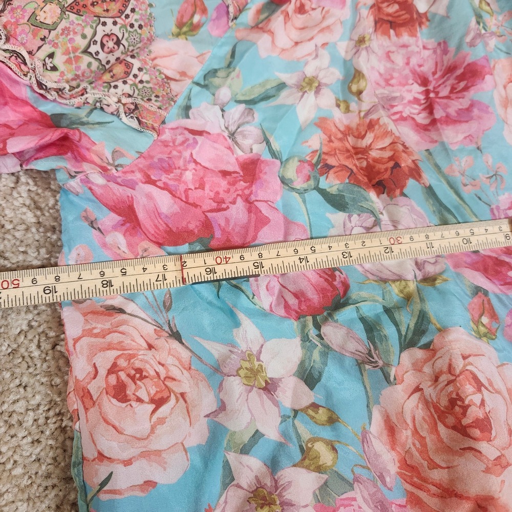 Johnny Was Blouse Floral 100% Silk Tassel‎ V-Neck Boho Pink Blue XS - Picture 8 of 9